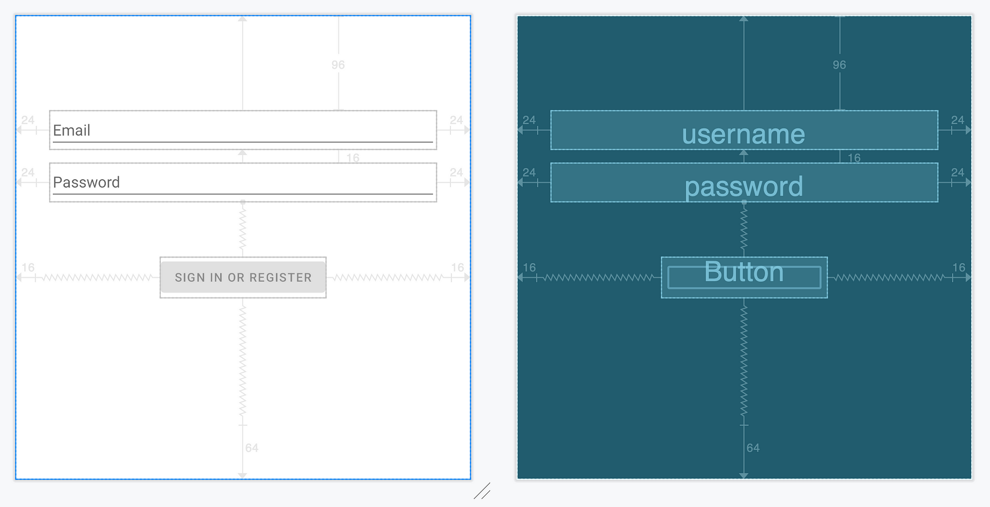 A screenshot of android studio with constrained layout editor. Side-by-side are: blueprint and normal render windows. Constraint lines have numbers representing their length.