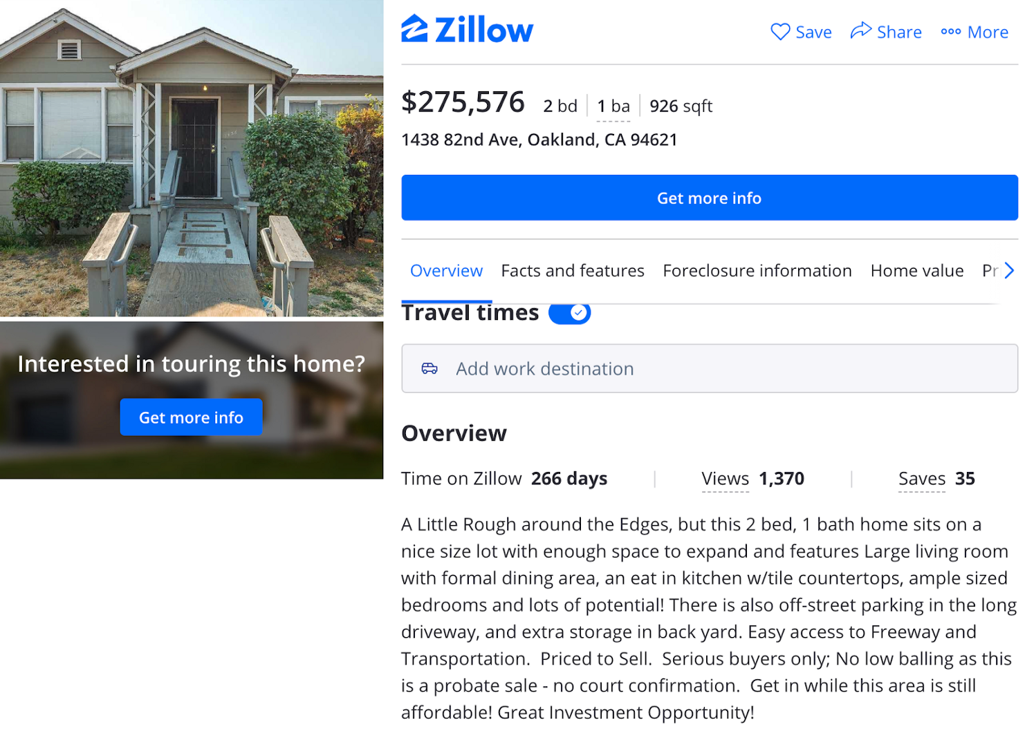 Screenshot of a Zillow listing: a $275K, 900-sq foot house at 1438 82nd Ave, Oakland, CA.