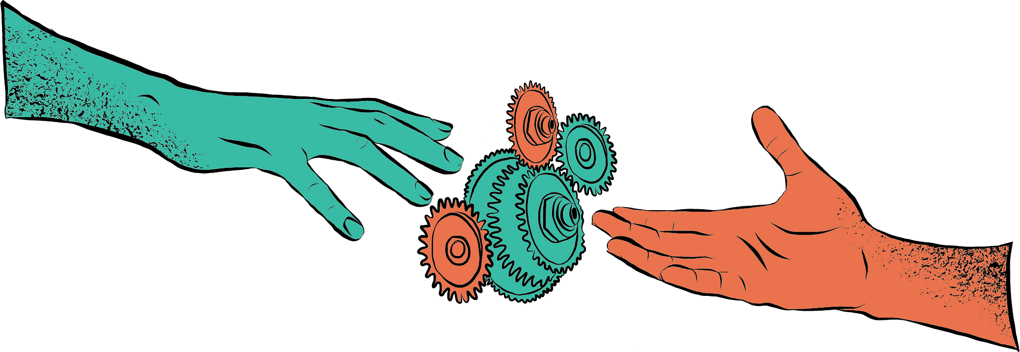 Two hands reaching for each other; one is green and one is orange. In the space between the fingers reaching for each other are four gears that fit together.