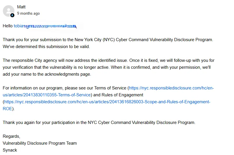 Agency validation response (redacted)