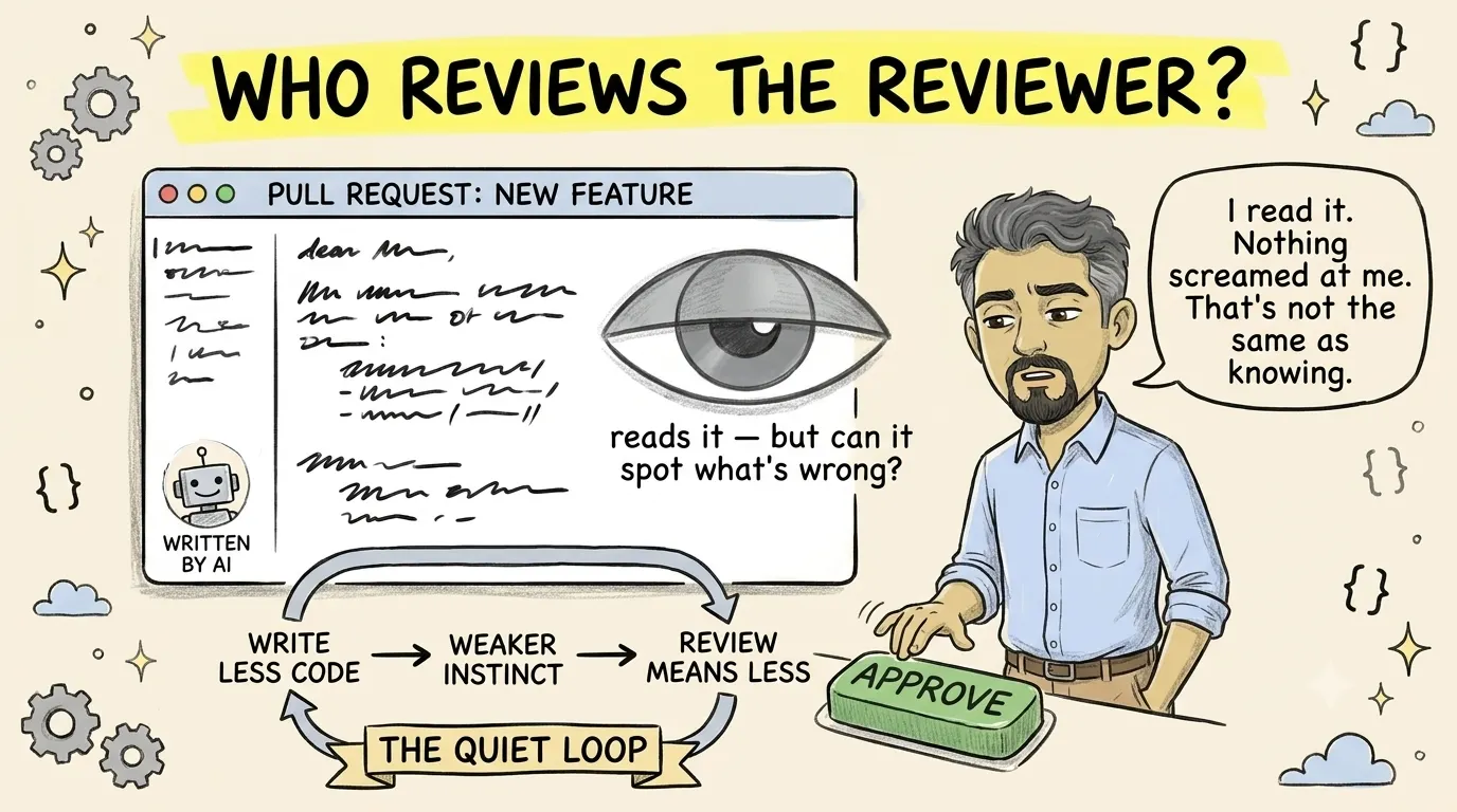 A sketchnote of a developer hesitating over an “approve” button on an AI-written pull request, with a dimmed eye icon and a small loop diagram showing that writing less code weakens the instinct that review depends on. (Illustration generated with Google Gemini)