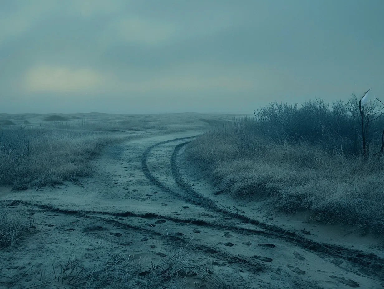 Foggy landscape with fading path illustrating disorientation in Monologue of Unmoored Mariner poem.