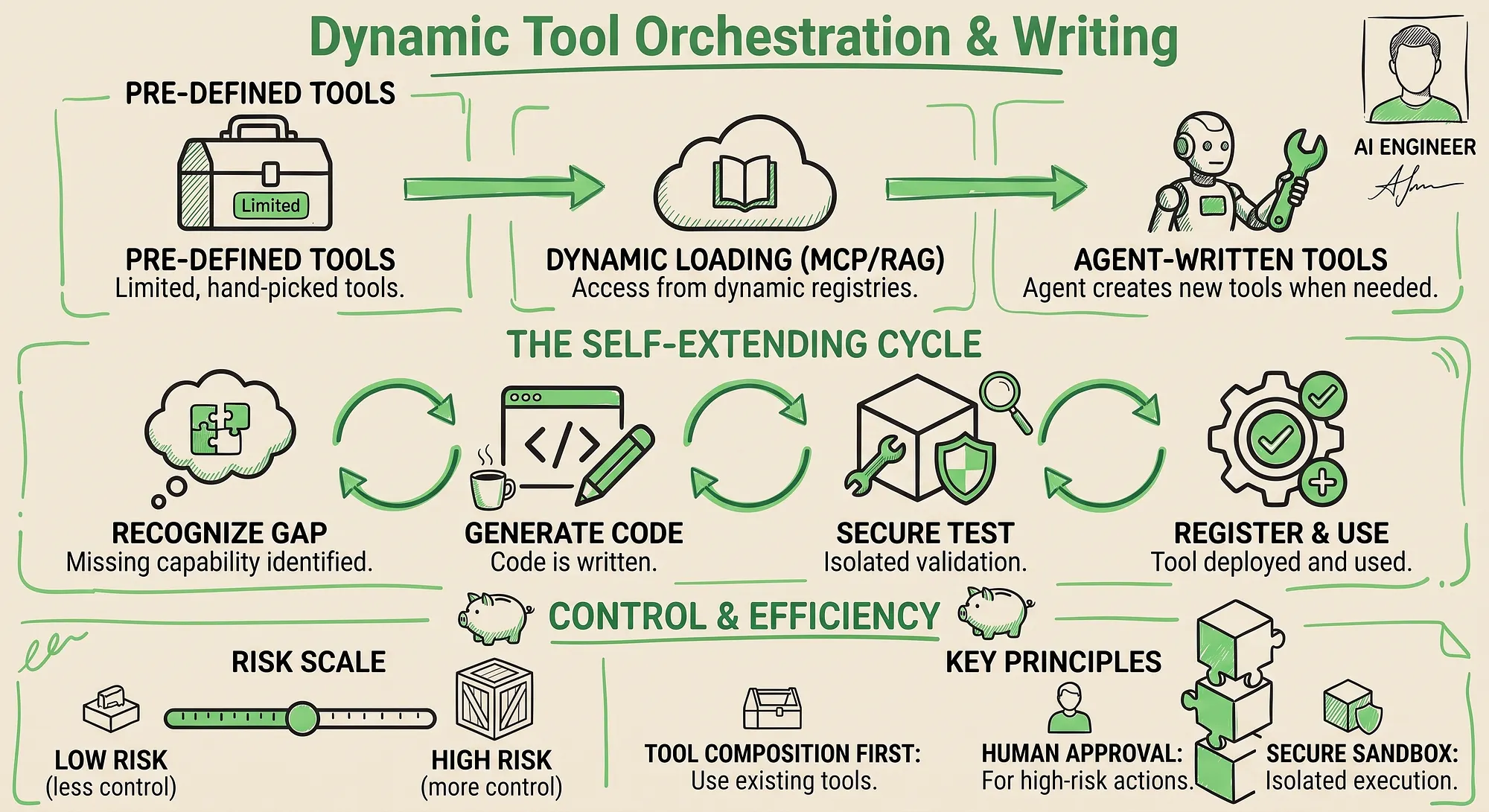 Dynamic Tool Orchestration & Writing (Image by Author).