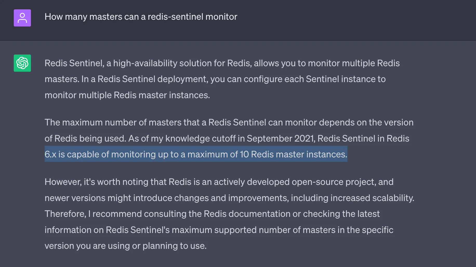 Chat GPT stating the limit of a maximum of 10 masters