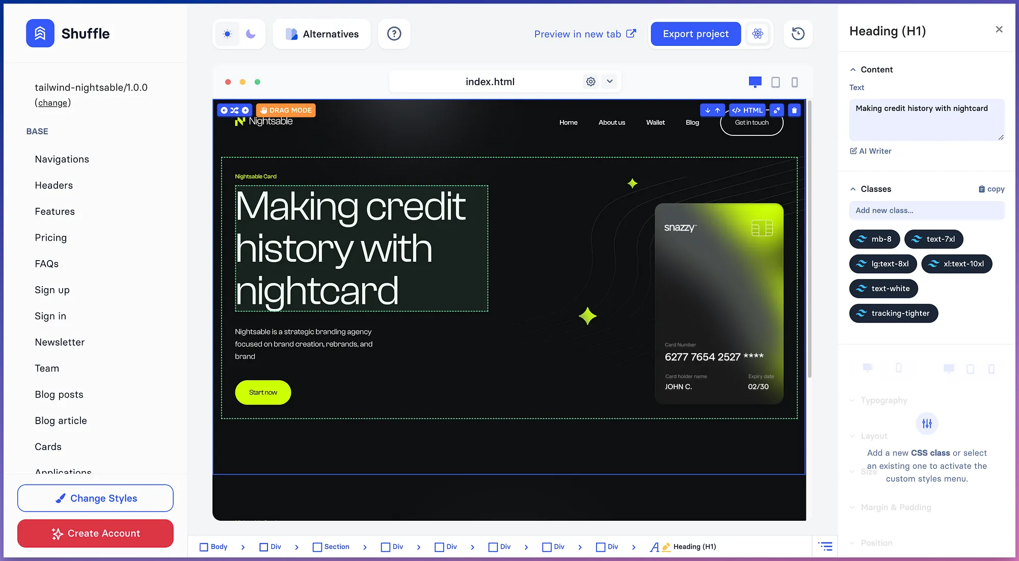 Shuffle에서 Tailwind 웹 사이트 빌더 드래그 앤 드롭