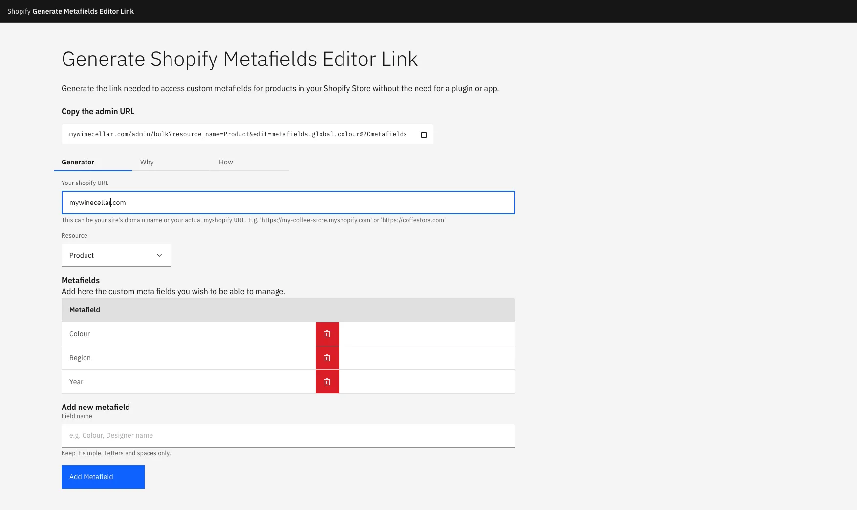 Shopify Metafields Editor Link Generator