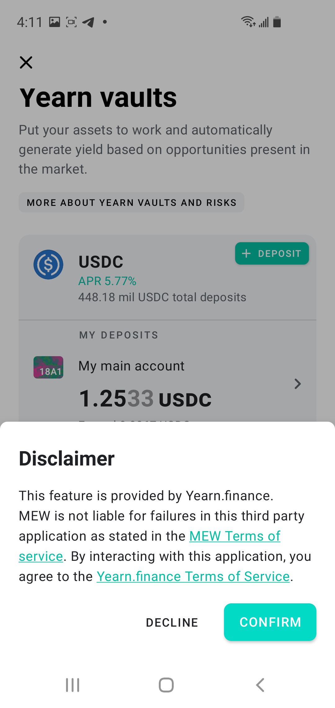 Introducing Yearn Vaults on MEW Wallet App Android