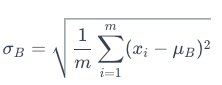 σB represents the standard deviation of the batch. xi are the individual data points in the batch. μB is the mean of the batch (for each feature). m is the number of samples in the mini-batch.
