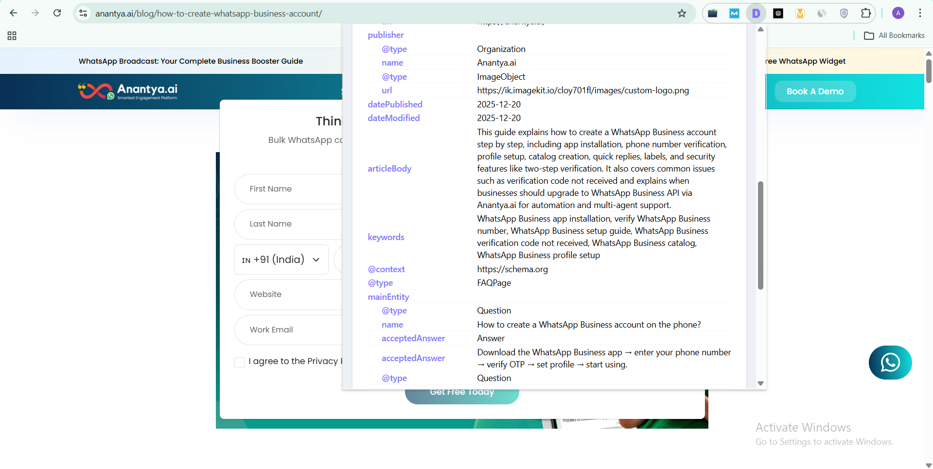 Schema markup Schema markup of anantya.ai
