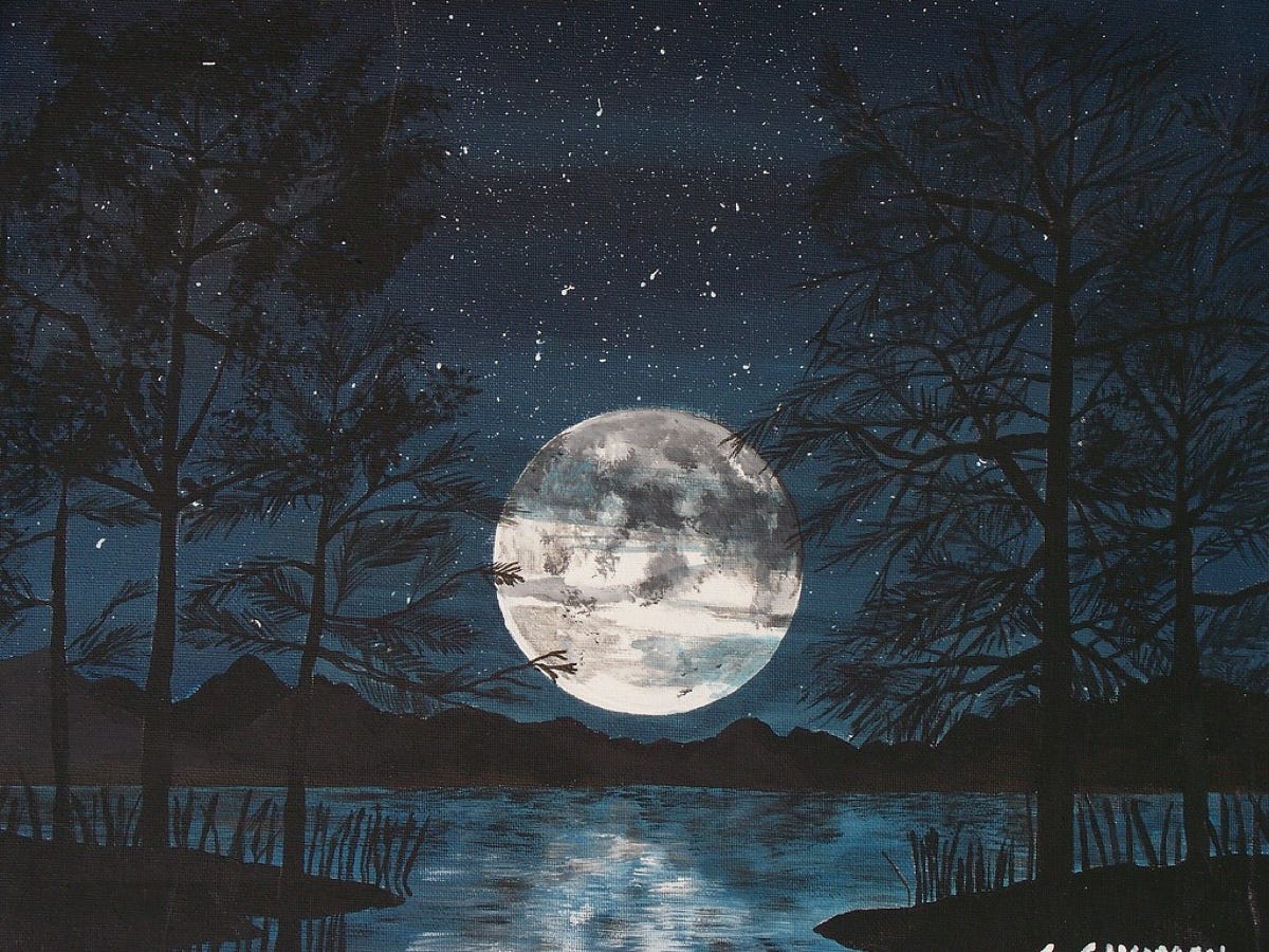 Слушать песни лунная ночь. Иллюстрация ночного пейзажа. Картина Луна. Ночной пейзаж акрилом. Луна в живописи.