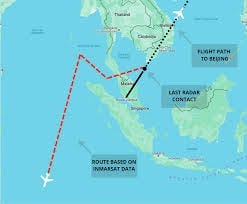 Black dotted line=planned MH370 flight path, Red dotted line=Assumed path based on satellite pings.