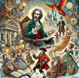 Christian Andersen rodeado de sus cuentos — IA ChatGTP