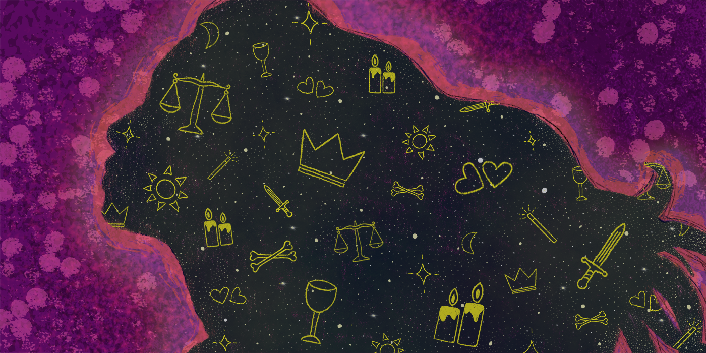 Silhouette of a person with long flowing hair, filled with space/stars/astrological symbols.