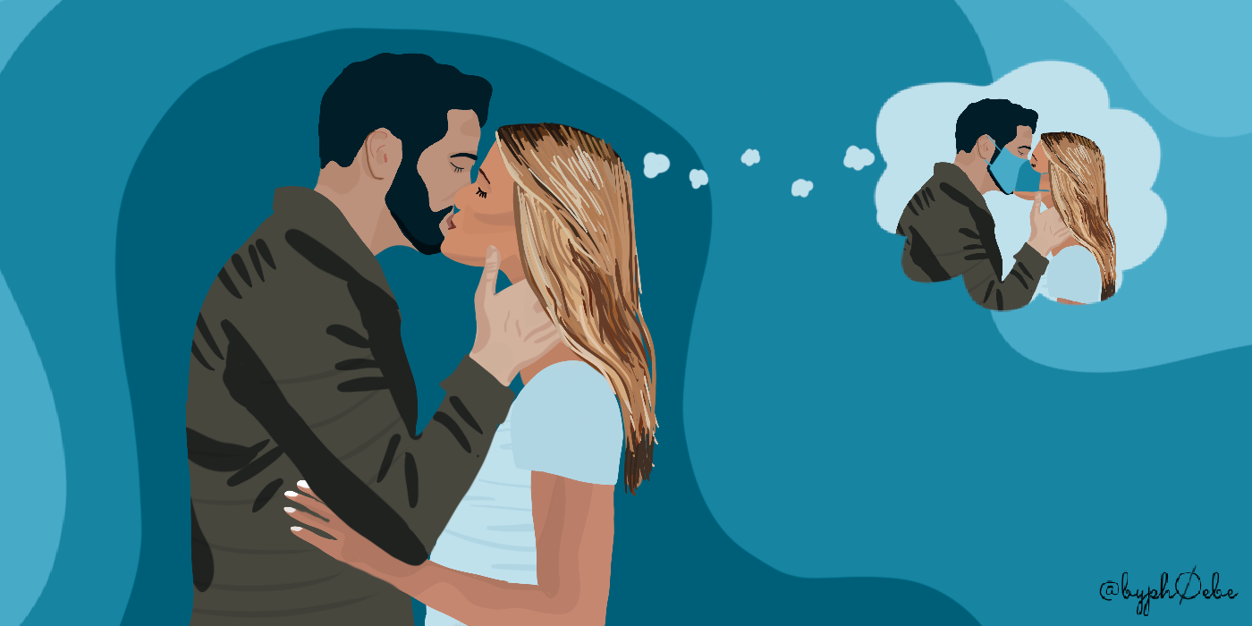 A couple kissing, with a thought bubble coming out of one of the people’s head showing them kissing wearing face masks.