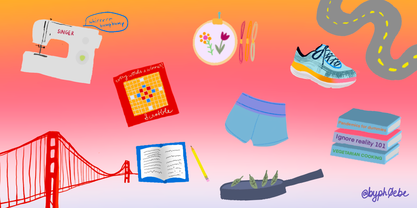 Shorts, running shoes, Scrabble board, Golden Gate Bridge, a stack of books, and sewing supplies on a gradient background.