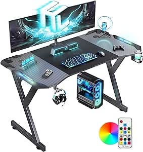 X-Rocker Lumio Compact RGB Gaming-bureau 110 x 55 cm, grote gamingtafel voor laptop, thuiskantoor, bureau met koolstofvezeleffect, gaming-pc-bureau met hoofdtelefoonhaak en bekerhouder, inclusief
