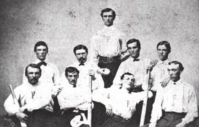 The Pastime club of Baltimore in 1868 featured pitcher Bobby Mathews, standing at center. The perils of amateurism were illustrated by the Marylands in 1870, who ran out of funds while on tour in 1870 and disbanded. Mathews, their pitcher, signed with the professionals of Fort Wayne for 1871.