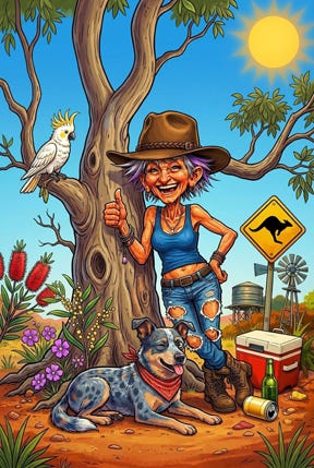 Sheila Crumpet, larrikin maverick from North ‘Of The Black Stump — Image created in NightCafe © Raine Lore 2026