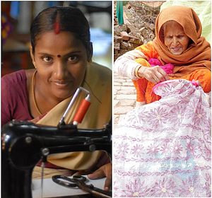 Split image showing two Indian women artisans: on the left, a woman smiling while working at a sewing machine; on the right, an elderly woman in a warm shawl carefully hand-embroidering a floral design on a white and pink fabric outdoors.