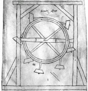 Perpetual Motion Machines: The Elusive Pursuit of Infinite Energy — An image showing a perpetual motion machine design by Villard de Honnecourt from his sketchbook. It shows a wheel with containers of liquid powered by imbalaced centre of gravity.