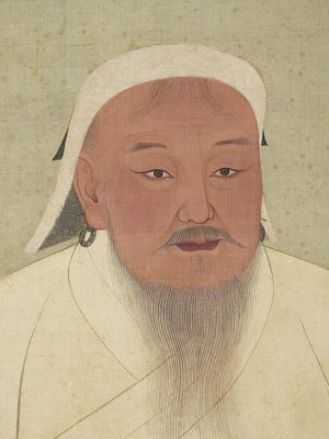 A portrait of Genghis Khan by an unknown artist, c. fourteen century (Wikimedia Commons)