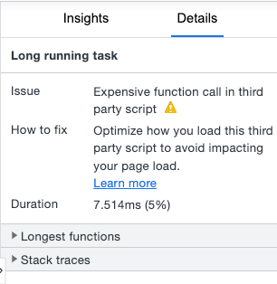 Details tab is showing issue, how to fix that, duration and also longest functions and stack traces about given insight.