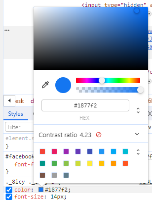 Screenshot of color picker dialog in Chrome’s Developer Tools. The HEX value is “#1877f2”. There is text that reads “Contrast ratio 4.23” with a “ban” icon next to it.