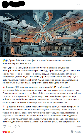 Pro-Russia social media post alleging that Finland allowed Ukrainian drone operators to access Finish airspace.