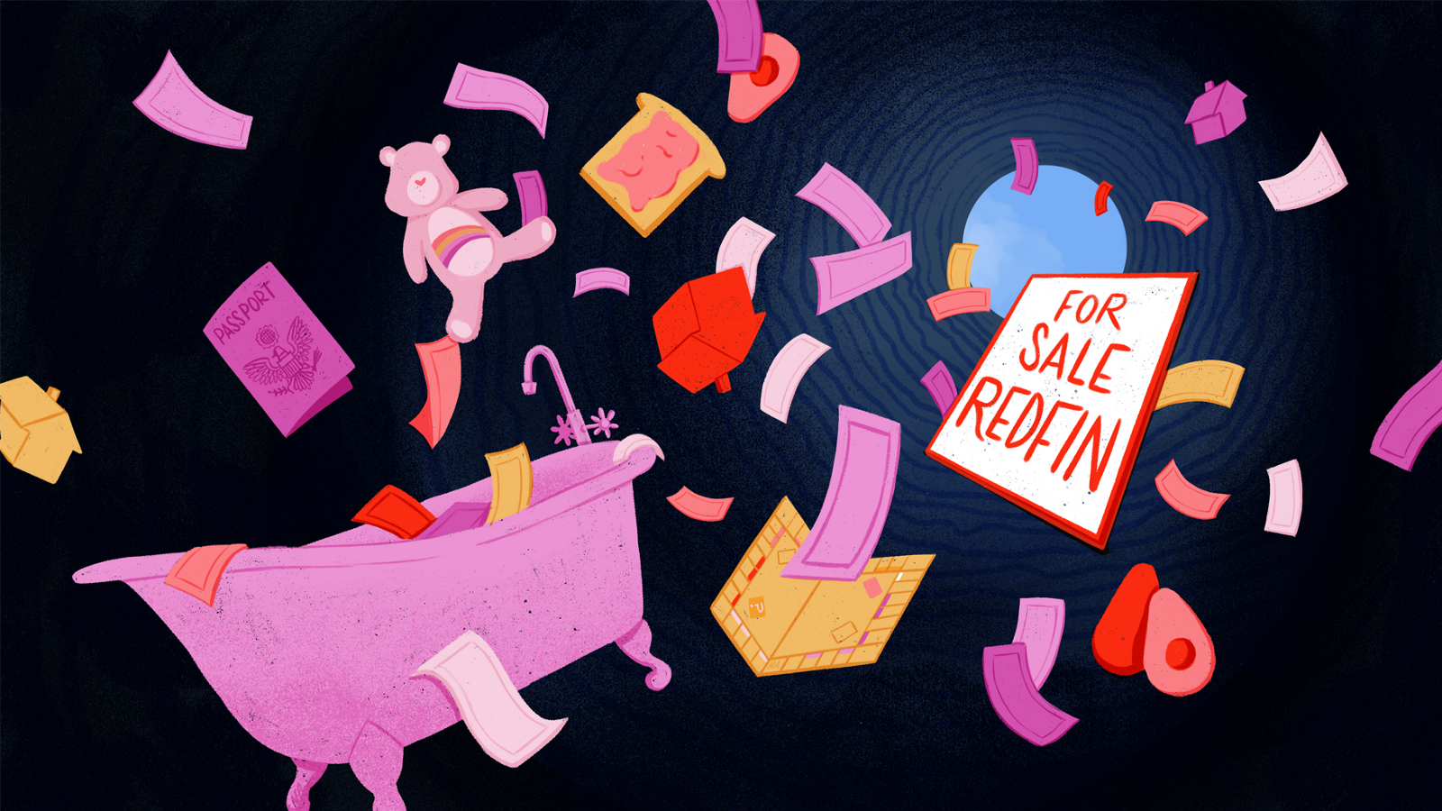 Illustration of pink pieces of paper, a passport, a clawfoot tub, a for sale sign, + a red avocado in a tunnel.