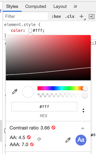 Color picker modal from Chrome DevTools with extended accessibility section. Next to AA and AAA labels are current contrast values and buttons to automatically detect a new color fulfilling contrast criteria.