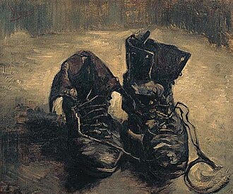 A painting that reveals (aletheia) a whole world. Heidegger mentions this particular work of Van Gogh’s (Pair of Shoes, 1895) in The Origin of the Work of Art.