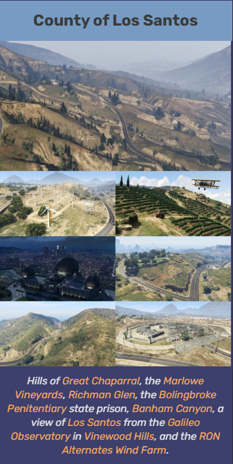 Analyzing Los Santos County terrain distribution to confirm the hillside environment aligns with the Marlowe/Vinewood hill region rather than canyon or desert zones