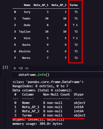 Utilizando info() para investigar colunas do dataframe e localizar colunas categóricas. Neste exemplo, vemos que Turma é uma feature categórica e possui 8 registros não nulos do tipo string. Podemos dizer que turma é uma feature categórica nominal.
