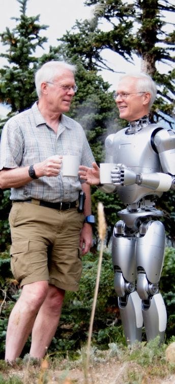 Me Talking with One of My Humanoid Robots about His New Job to Earn Me Money, c. 2030. Courtesy Grok Imagine.