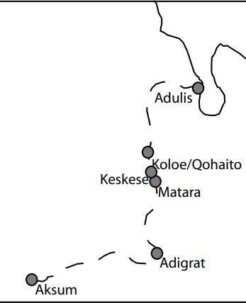 A map illustrating the route from Adulis to Aksum, passing through urban settlements. (The Ancient Red Sea Port of Adulis and the Eritrean Coastal Region, pg, 4)