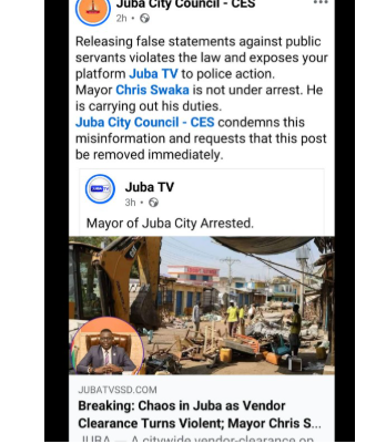 Juba City Council official page refuted the allegations