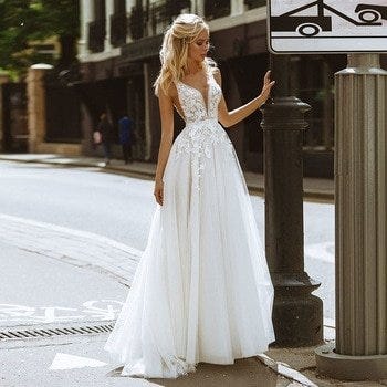 Square Neck A-Line Tulle Appliqued Wedding Dress with Slit in Ivory main image 1