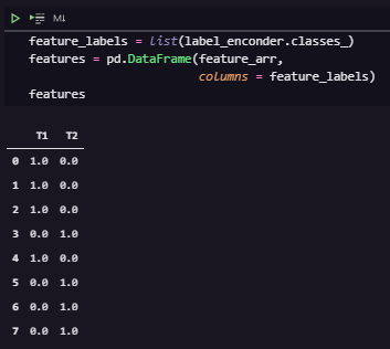 Construção do dataframe resultante do OneHotEnconder(). Observe que agora temos a coluna binária “T1” e “T2".