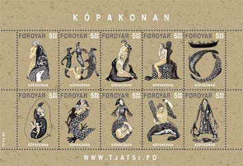 Stamp series of the Seal Woman (Kópakonan) from the Faroe Islands, 2007, design by Edward Fuglø; Wikimedia Commons