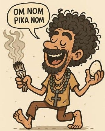 Cartoon of shaman holding an egg and sage while chanting.