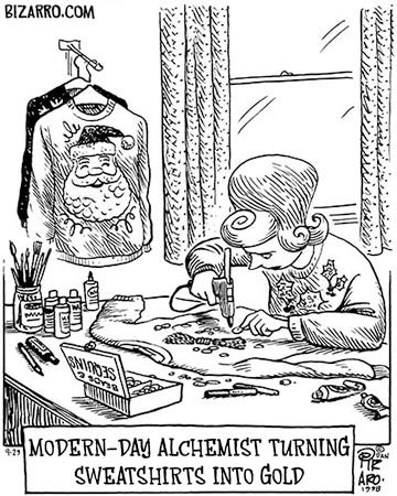 My mom’s creativity was in crafts, including sequin-bedecked holiday sweatshirts, and she sold them at craft fairs. It made her happy. (Comic by the author, all rights reserved)
