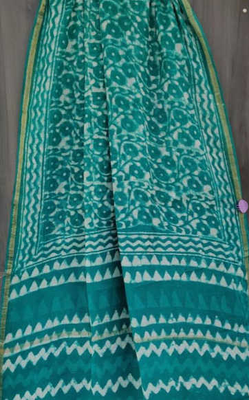 Chartreuse Green Chic KotaDoria Dye Block Printed Cotton Saree With Blouse
