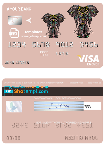 # colored elephant universal multipurpose bank visa electron credit card example in PSD format…