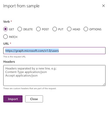 Create custom connector in Power Apps environment, Action Request sample step — Cloudatica example