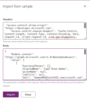 Create custom connector in Power Apps environment, Response sample step— Cloudatica example