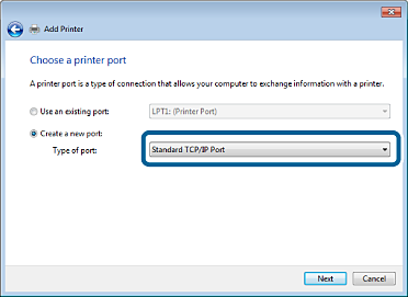 Selecting Standard TCP/IP Port while you create a new port