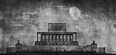 Emin Onat’ın ilk Anıtkabir projesi. Üstteki blok sonradan kaldırılmıştır. (Kaynak: https://tr.wikipedia.org/)