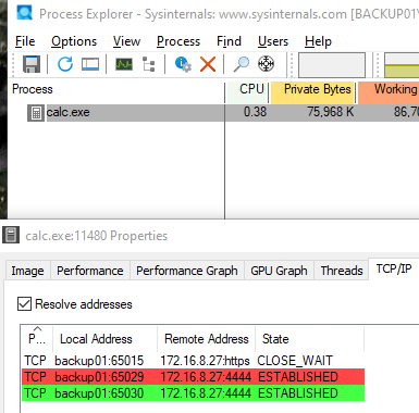 calc.exe making TCP connections.