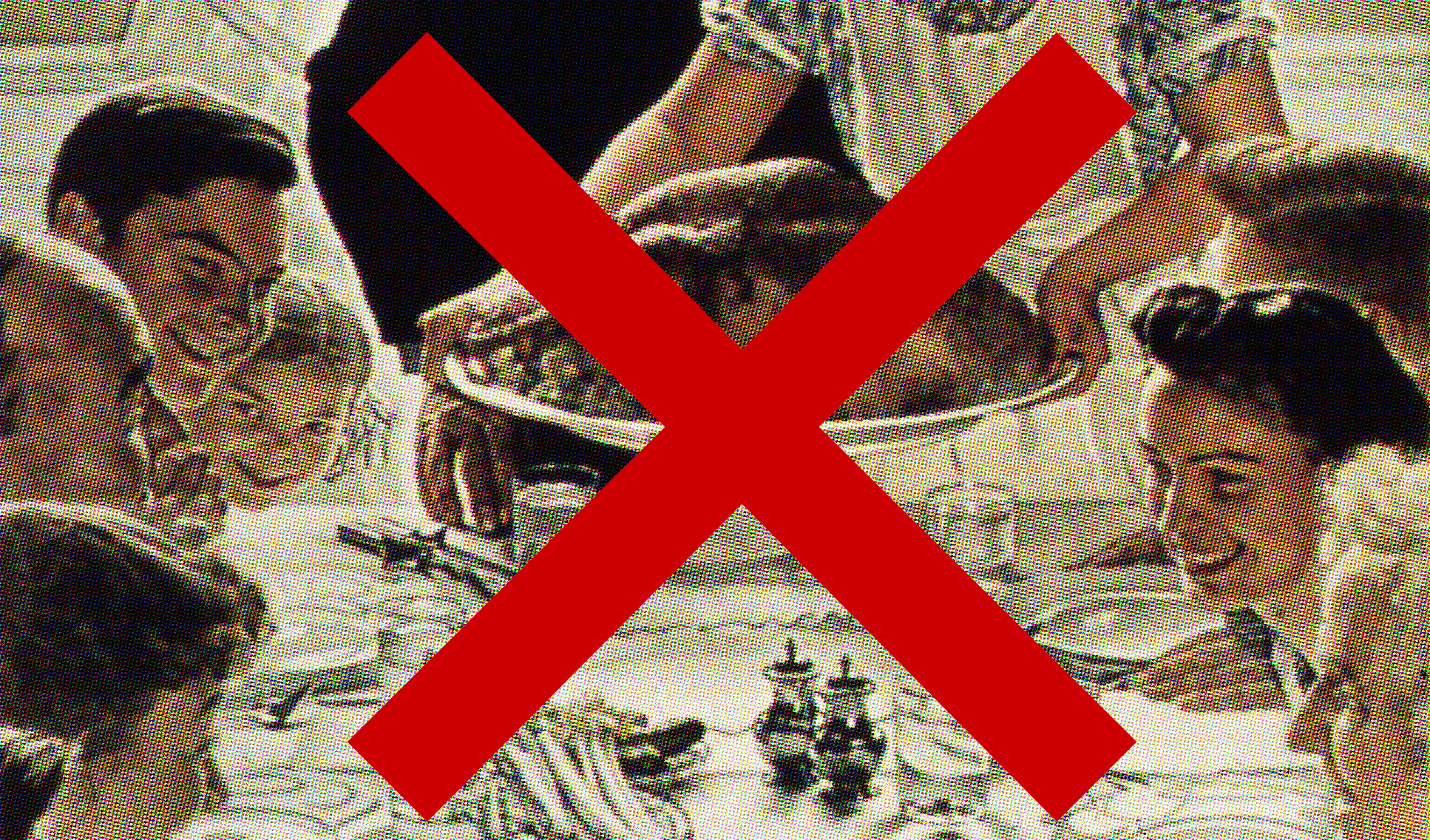 Cropped version of a Norman Rockwell painting of a family Thanksgiving dinner. A red X is drawn over the image.