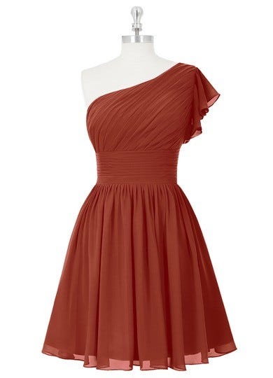 Rust Azazie Carly — One Shoulder Knee Length Chiffon Side Zip Dress ...